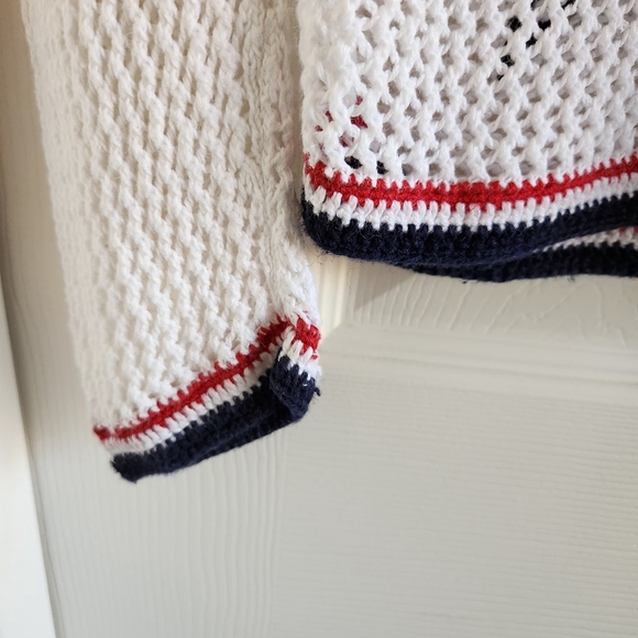 Crochet Open White Knit Blue Star Patchwork Long Sleeve Cover Up Top - Picture 3 of 8